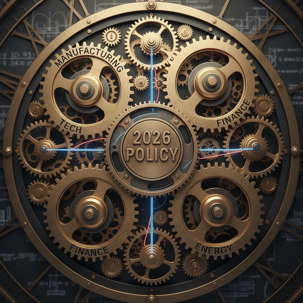 Interconnected gears representing various industries affected by 2026 economic policy