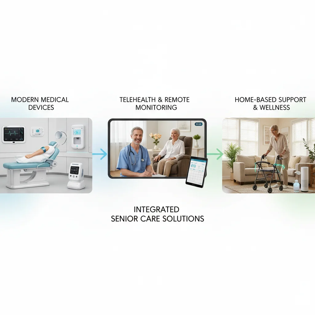 Integrated senior care showcasing telehealth, medical devices, and home assistance.