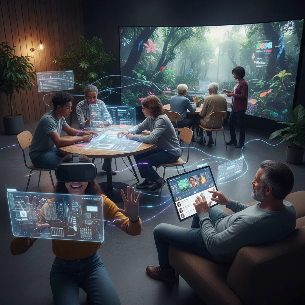 Diverse individuals engaging with interactive digital media: VR, social media, collaborative online content, and immersive video.