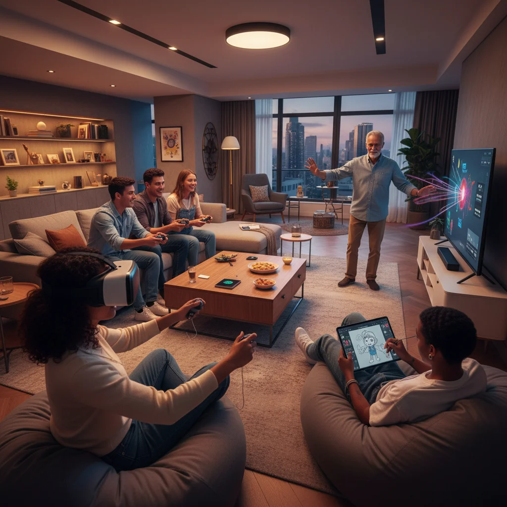 Diverse group engaging with interactive entertainment, including VR and gaming.