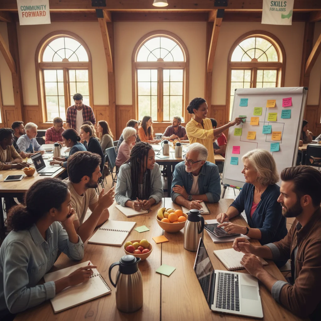 Intergenerational group actively participating in a community workshop, fostering connection.
