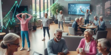 Longevity Economy: Financial Impact of Aging US Population & Growth Sectors by 2026 Active seniors engaging with technology and in community, symbolizing the longevity economy's vitality.
