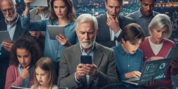 Diverse individuals engaging with digital media, demonstrating critical thinking
