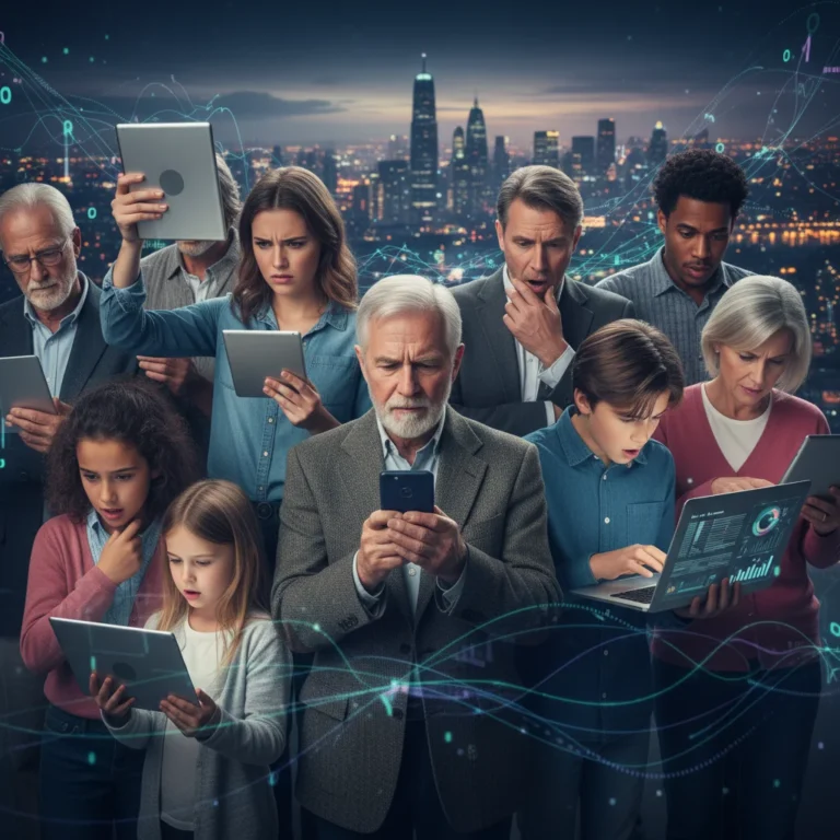 Diverse individuals engaging with digital media, demonstrating critical thinking