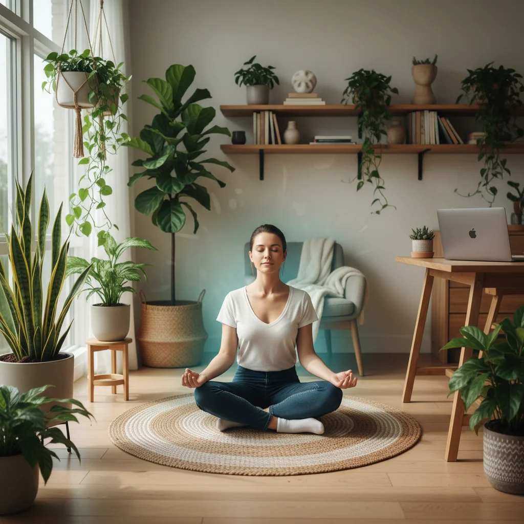 Individual meditating in a peaceful home office, promoting mental well-being in remote work.