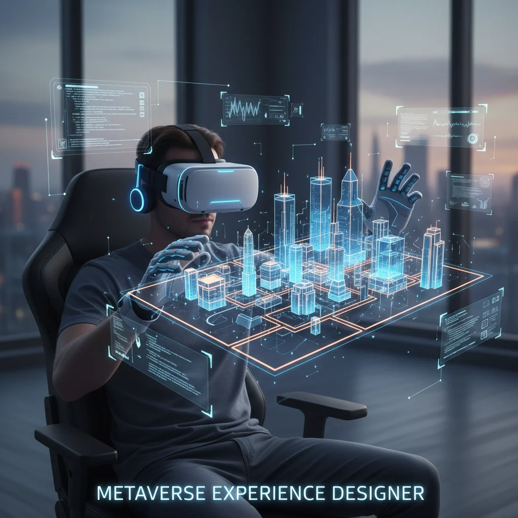 Individual in VR headset designing a virtual environment, illustrating metaverse experience design.