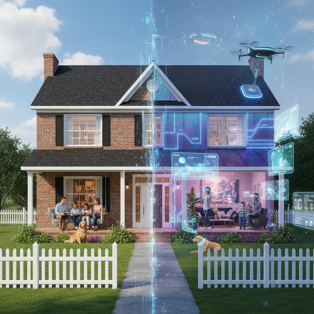 Digital integration in American homes, showing AR/VR users blending physical and virtual realities.