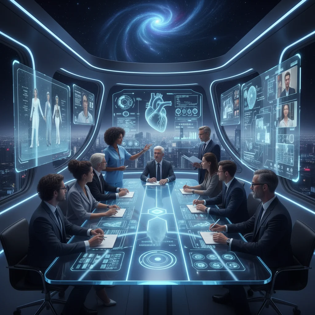 Professionals collaborating in a virtual metaverse workspace, leveraging holographic displays and 3D models.