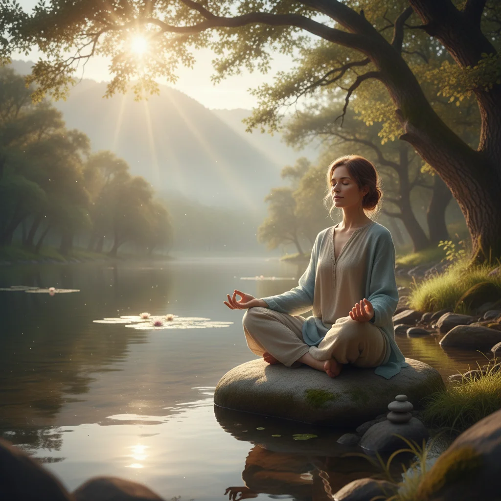 Individual practicing mindfulness meditation in a peaceful natural environment for self-care.