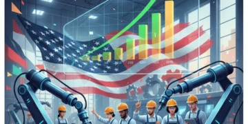 Boosting US Manufacturing: 4 Strategies for 12% Growth by 2026 Modern US manufacturing facility with robots and diverse workers, symbolizing growth and innovation.