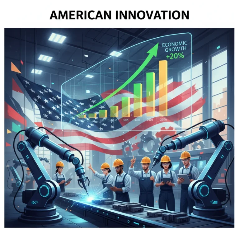 Modern US manufacturing facility with robots and diverse workers, symbolizing growth and innovation.