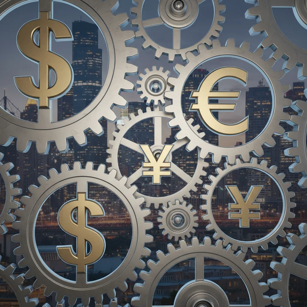 Interconnected gears and financial symbols representing monetary policy and economic health