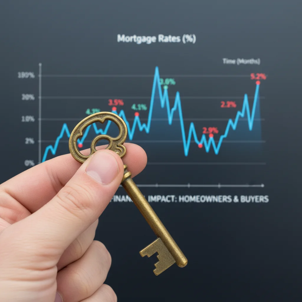 Hand holding house key with fluctuating mortgage rates graph