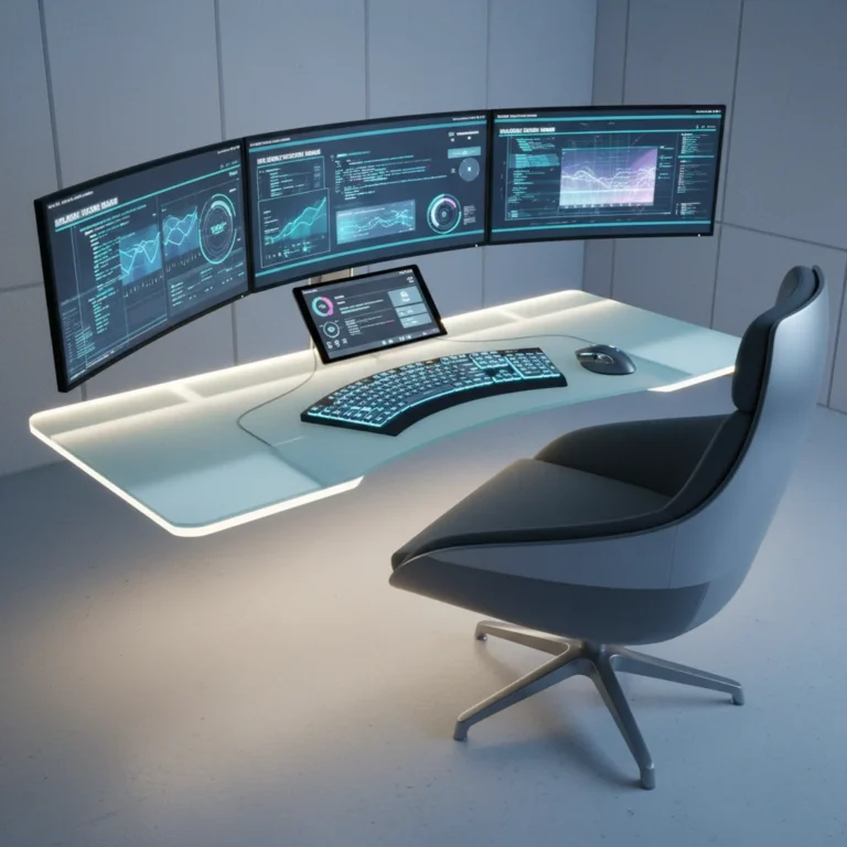 Optimized digital workspace with multiple screens and ergonomic setup for enhanced productivity.