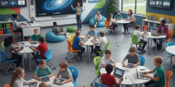 Students and teachers collaborating in a modern, technology-rich classroom, reflecting future education trends.