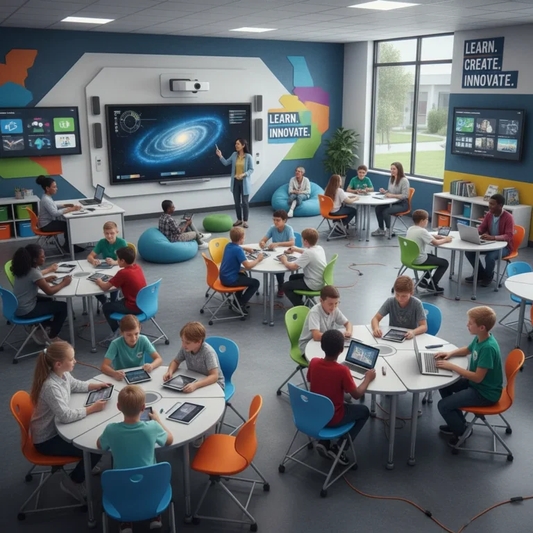 Students and teachers collaborating in a modern, technology-rich classroom, reflecting future education trends.