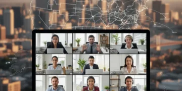 Remote Work US: 4 Policy Changes Impacting 60% of Office Workers by 2026 Professionals collaborating remotely, representing the future of work in the US.