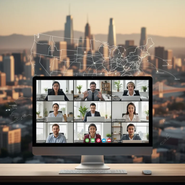 Professionals collaborating remotely, representing the future of work in the US.