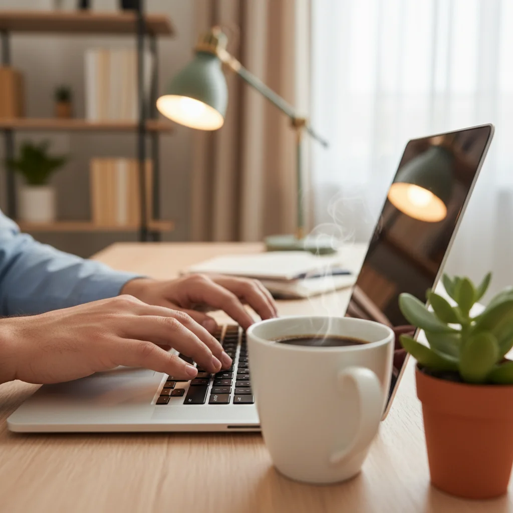 Person typing on laptop in a comfortable home office, representing remote gig work.