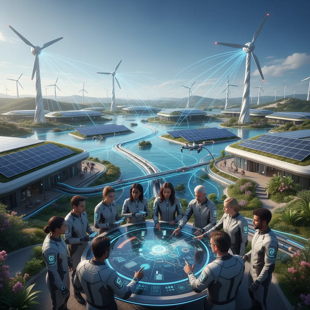 Futuristic scene of renewable energy infrastructure and collaborating green energy professionals.