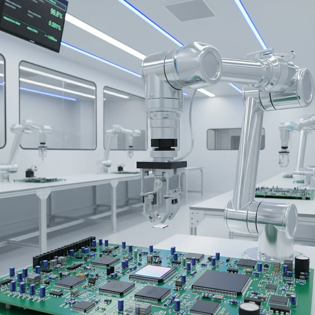 Robotic arm assembling electronic components in a high-tech manufacturing plant.
