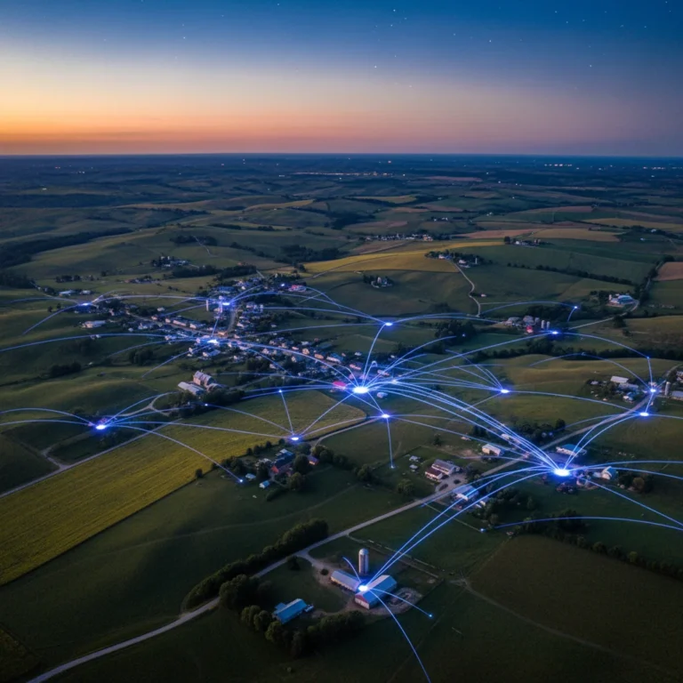 Illustration of rural homes connected by glowing digital lines representing broadband internet access.