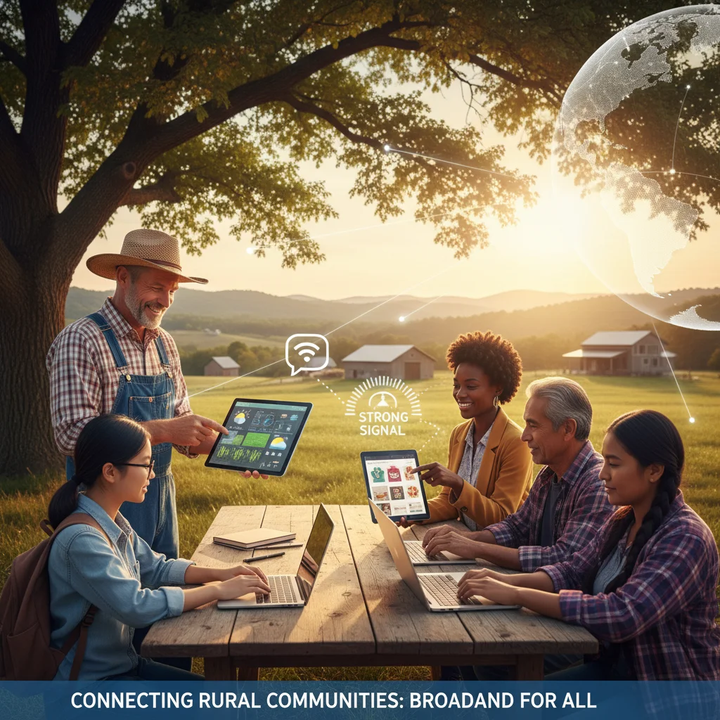 Rural community members benefiting from high-speed internet, showcasing improved education, work, and social connection.