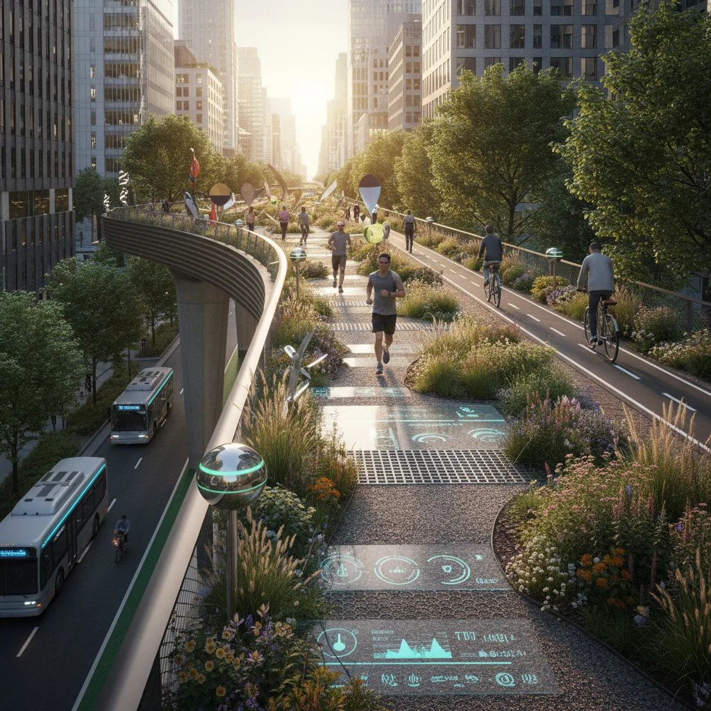 Elevated linear park with smart technology and sustainable transport.