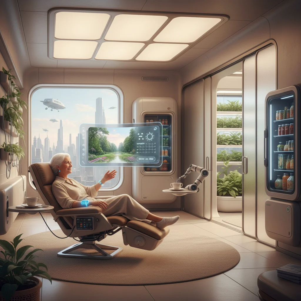 Elderly person interacting with smart home technology for enhanced independent living.