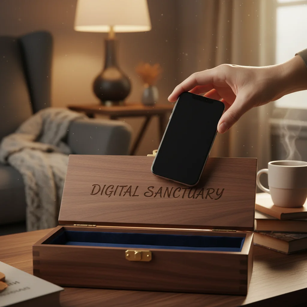 Hand putting smartphone into digital detox box for mindful break.