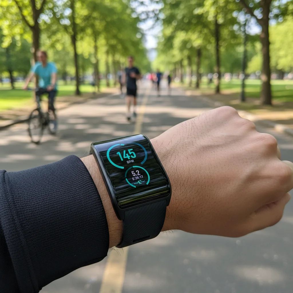 Person running with a smartwatch tracking health metrics