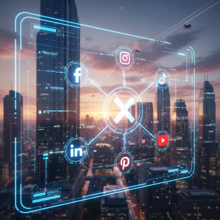 Futuristic digital interface with social media logos and interconnected lines, symbolizing new platform updates.