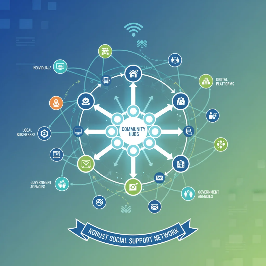 Infographic depicting interconnected individuals and organizations forming a strong social support network.