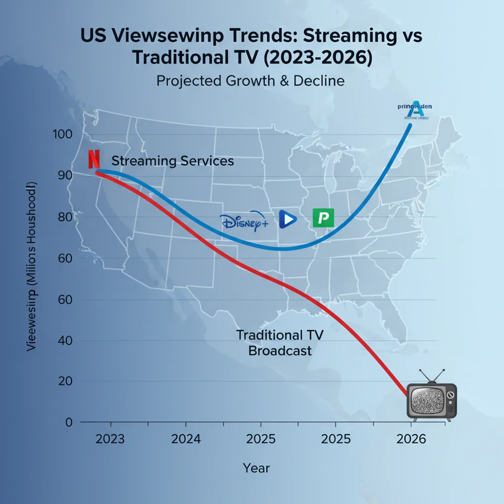 Projected growth of streaming services versus decline of traditional TV viewership in the US by 2026.