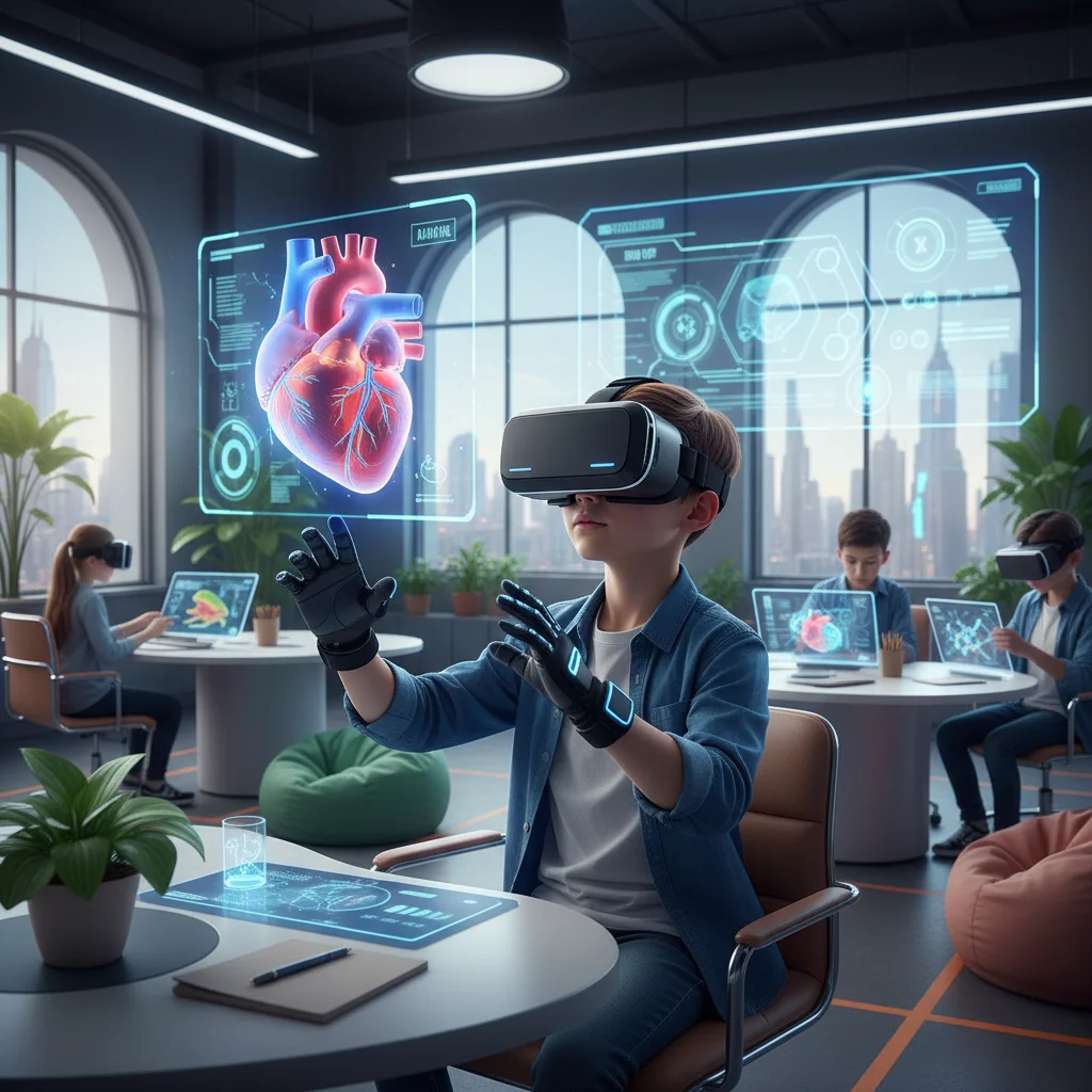 Student using VR headset for immersive science education in a K-12 classroom.