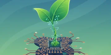 Green leaf growing from circuit board, symbolizing sustainable digital habits.