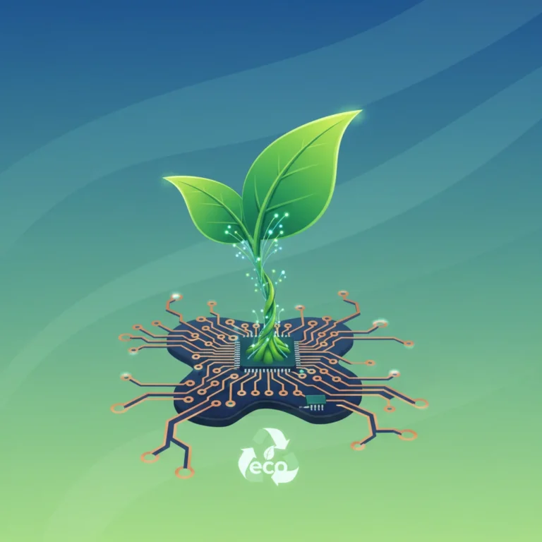 Green leaf growing from circuit board, symbolizing sustainable digital habits.