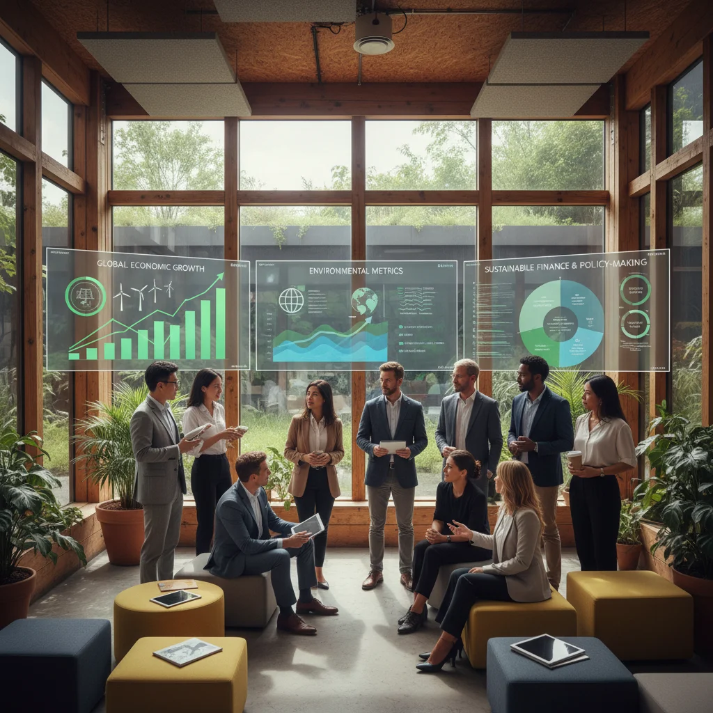 Business professionals analyzing economic and environmental data in a green office, highlighting sustainable finance strategies.