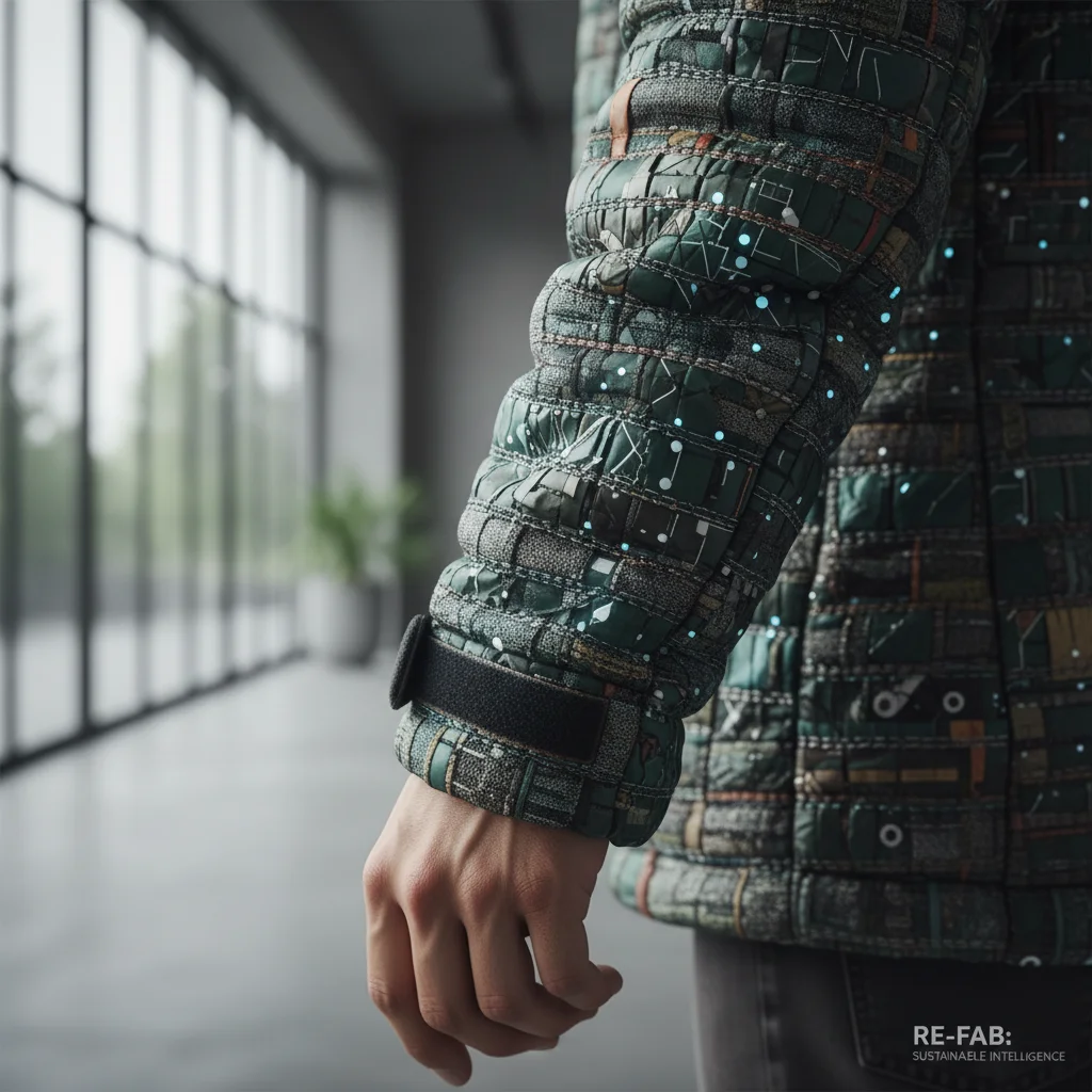 Innovative sustainable fabric with smart technology integration, showcasing future American fashion materials.