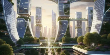 Futuristic cityscape with green infrastructure, embodying sustainable living trends 2026