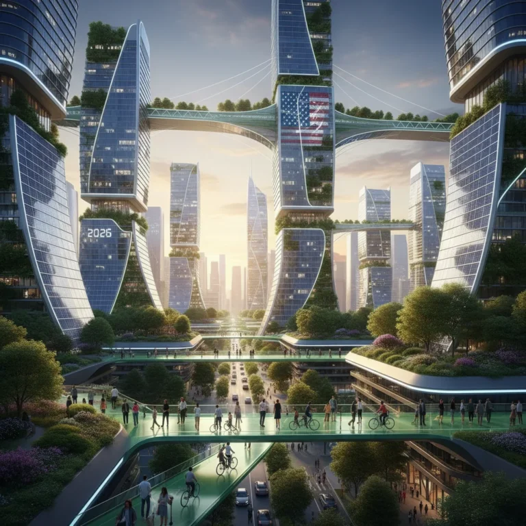 Futuristic cityscape with green infrastructure, embodying sustainable living trends 2026