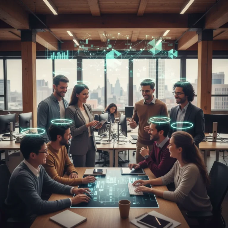 Diverse team collaborating effectively in a modern office, symbolizing strong talent retention strategies.