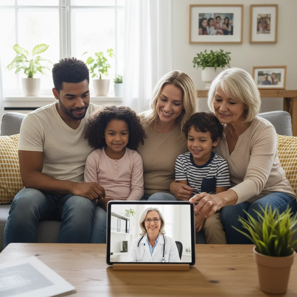Family engaging in a telehealth consultation on a tablet