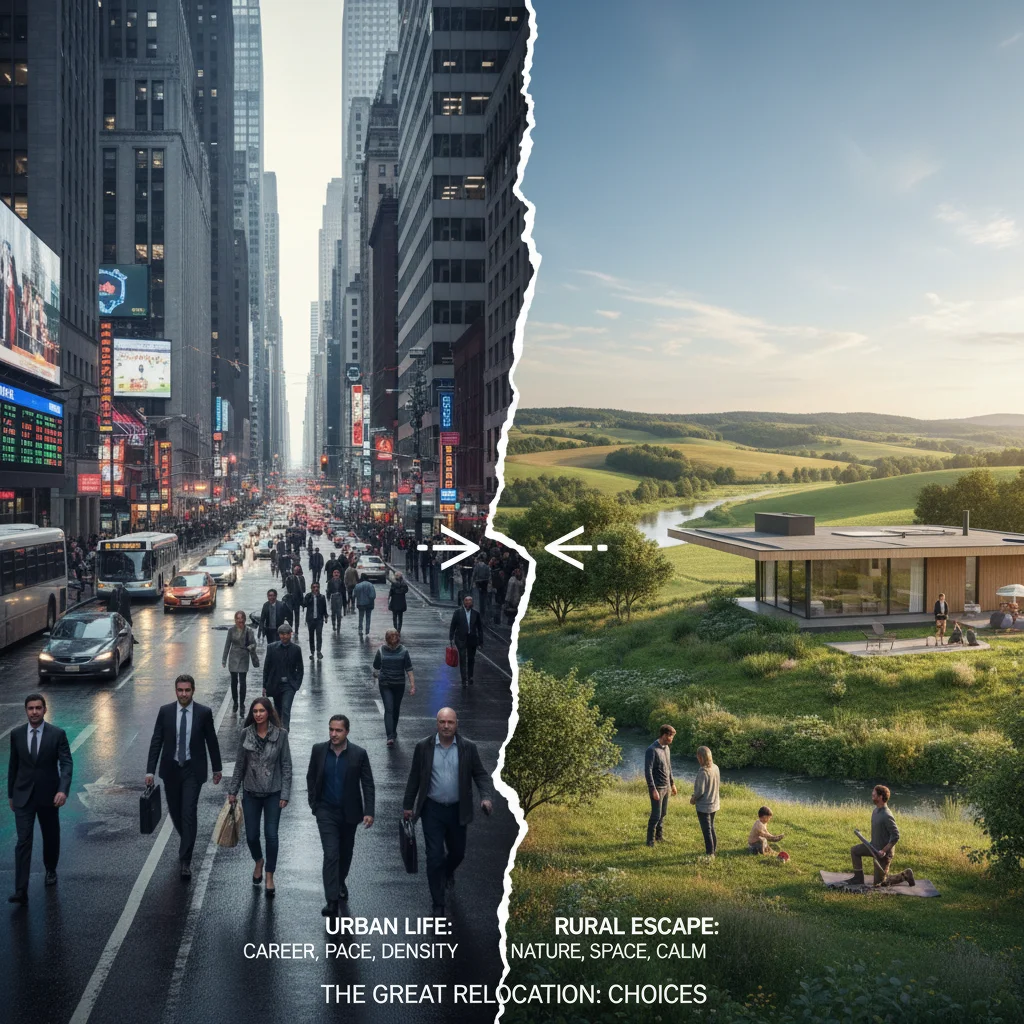 Comparison image of a busy urban street and a peaceful rural setting, illustrating the choice between city and country living.