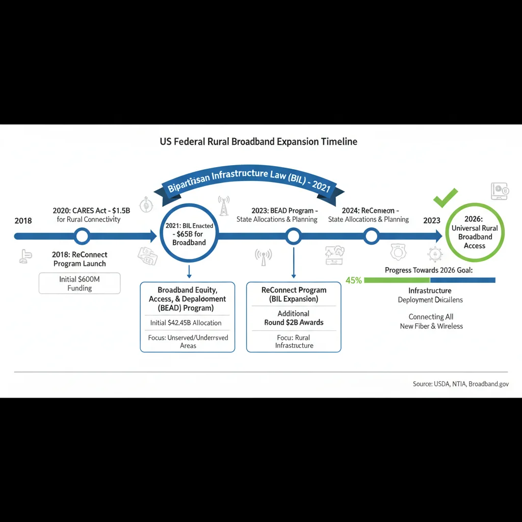 Infographic detailing US government funding and timeline for rural broadband expansion initiatives.