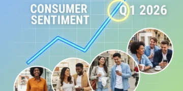 US Consumer Sentiment Q1 2026: A 3-Point Rise Signals Economic Confidence Graph showing rising US consumer sentiment in Q1 2026 with happy consumers