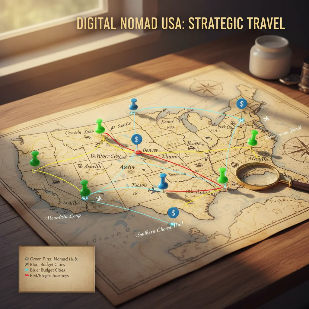 US map highlighting popular digital nomad destinations and cost-effective cities for strategic travel planning.