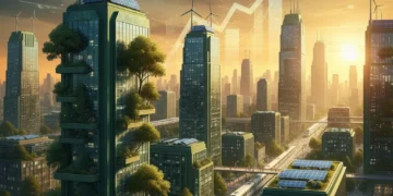 Green Economy Boom: US Investment Opportunities Surging 10% by 2026 Sustainable urban landscape with renewable energy infrastructure and green technology, representing the US green economy boom.