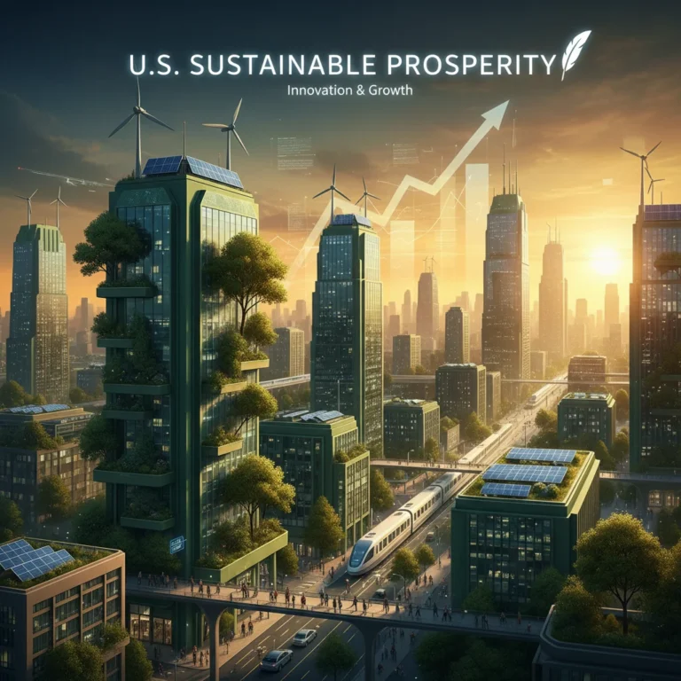 Sustainable urban landscape with renewable energy infrastructure and green technology, representing the US green economy boom.