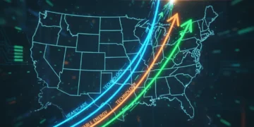 Dynamic US labor market growth visualization for healthcare, technology, and renewable energy sectors.